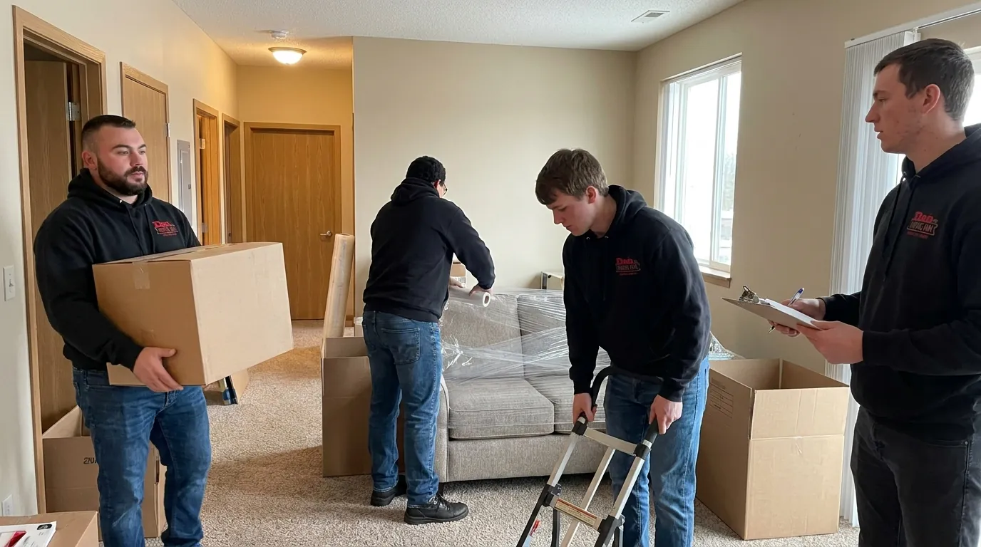 apartment movers carrying a dresser down stairs