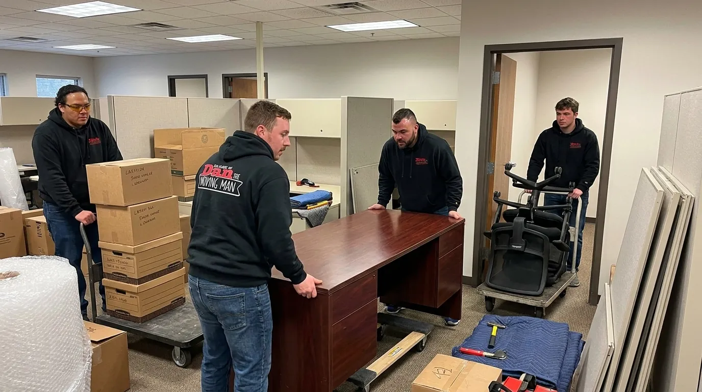 movers setting up office workstations after a commercial move