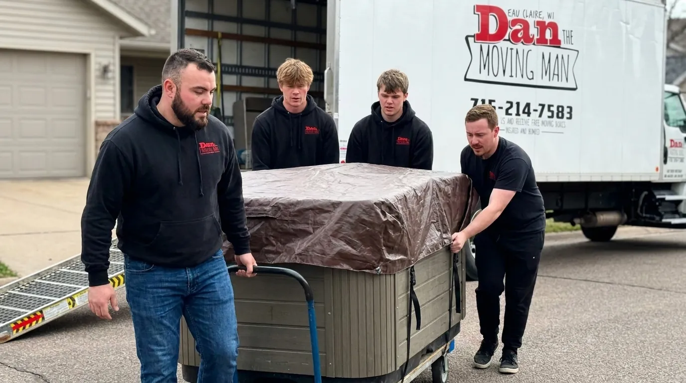 hot tub movers moving a spa on a Spa Sled