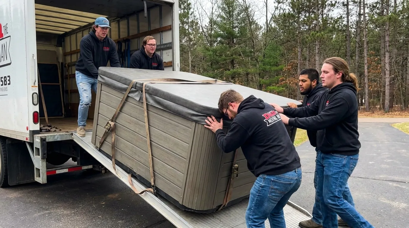hot tub secured inside a moving truck