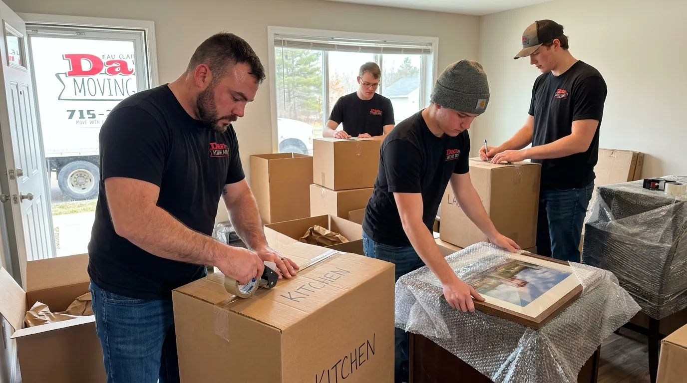 labeled moving boxes packed by movers