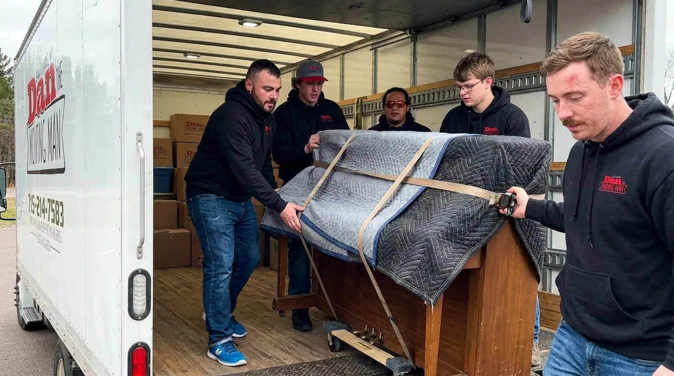 piano strapped inside a moving truck