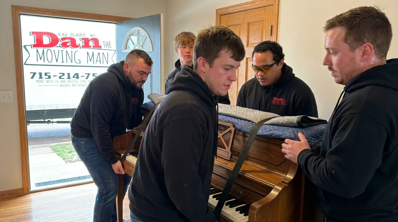 piano movers wrapping a piano in moving pads